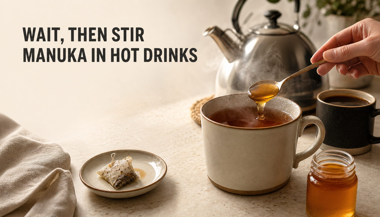 A spoon of amber honey paused above a warm mug of tea with coffee nearby, showing the idea of waiting briefly before stirring Mānuka honey into hot drinks.