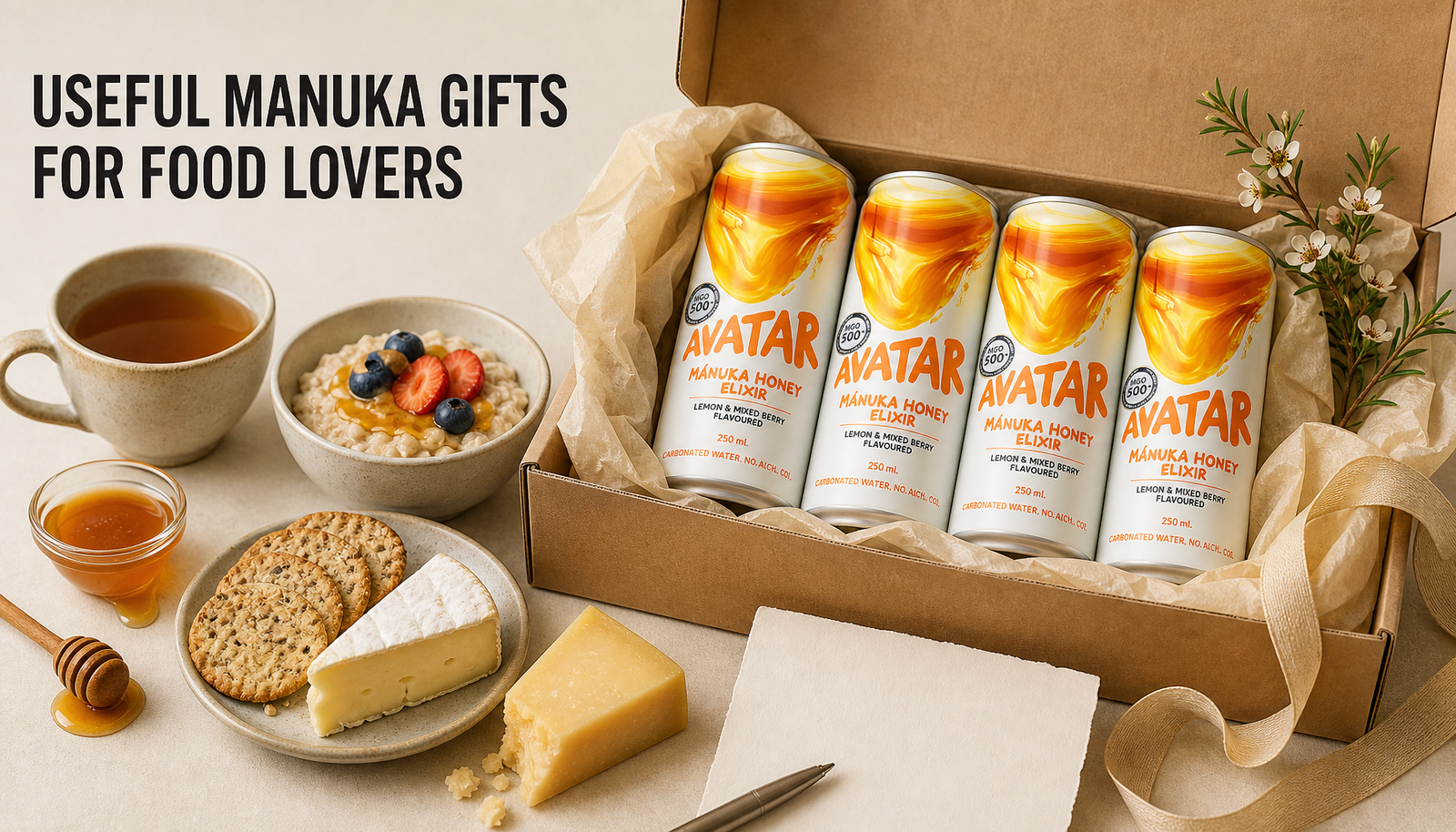 Open Manuka honey gift parcel with Avatar Manuka Honey Elixir 4-pack, tea, crackers, cheese, breakfast pairing cues, ribbon, and headline Useful Manuka Gifts for Food Lovers.