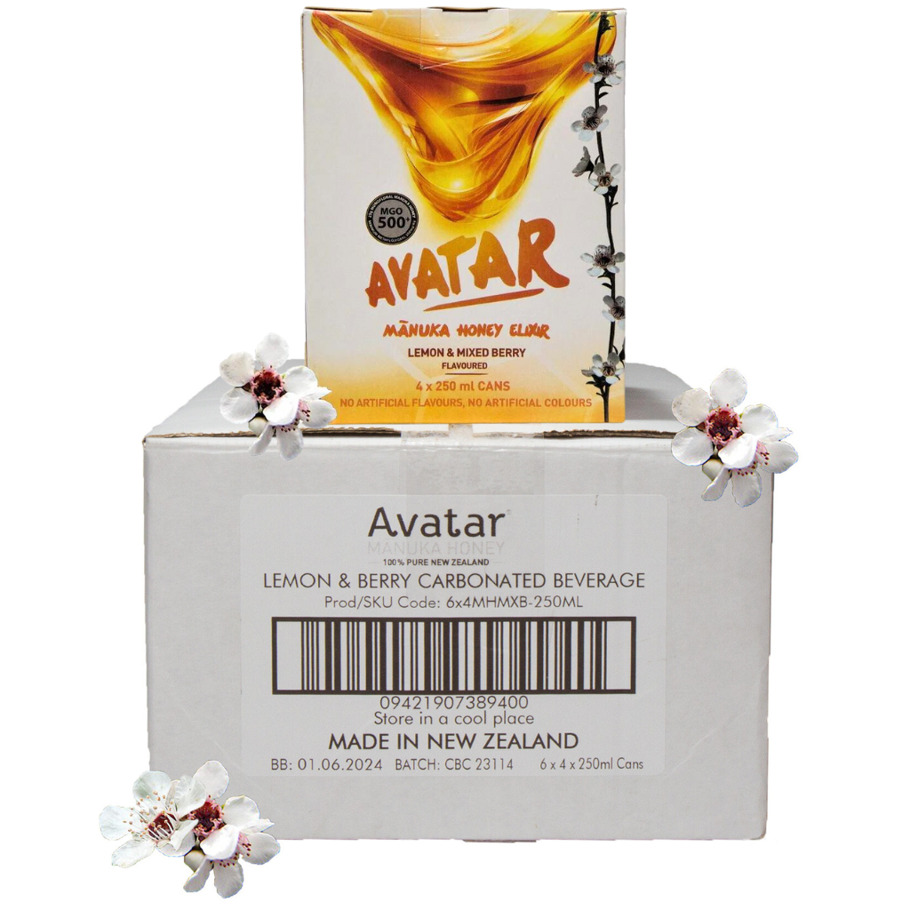 AVATAR MANUKA HONEY ELIXIR - LEMON AND MIXED BERRY FLAVOUR 250 ML, 6 X 4-PACK CARTON