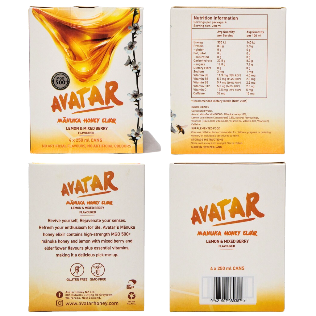 AVATAR MANUKA HONEY ELIXIR - LEMON AND MIXED BERRY FLAVOUR 250 ML 4-PACK