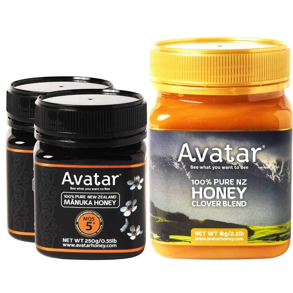 Clover Blend 1kg + 2x Avatar MQS5+ 250g MGO100 Avatar New Zealand Manuka Honey 